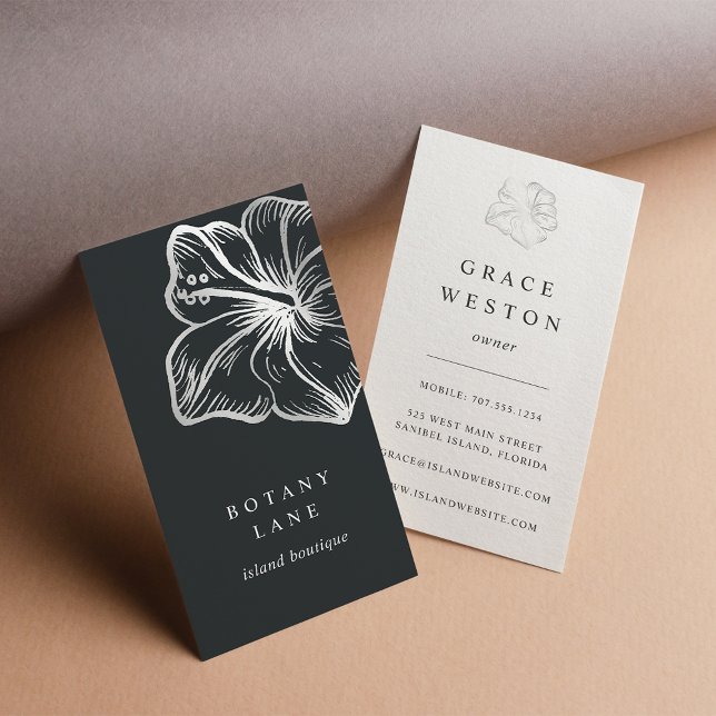 Elegant Silver Hibiscus Flower Vertical Business Card (Creator Uploaded)