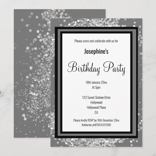 ELEGANT SILVER HOLOGRAPHIC GREY BLACK BIRTHDAY INVITATION (Front/Back)