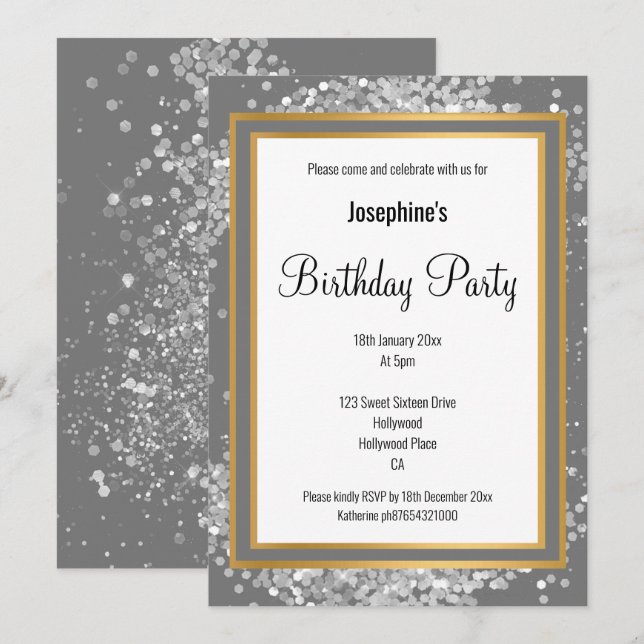 ELEGANT SILVER HOLOGRAPHIC GREY GOLD BIRTHDAY INVITATION (Front/Back)