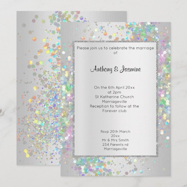 ELEGANT SILVER HOLOGRAPHIC PASTEL WEDDING INVITATION (Front/Back)