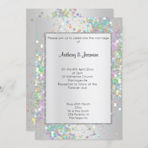 ELEGANT SILVER HOLOGRAPHIC PASTEL WEDDING INVITATION