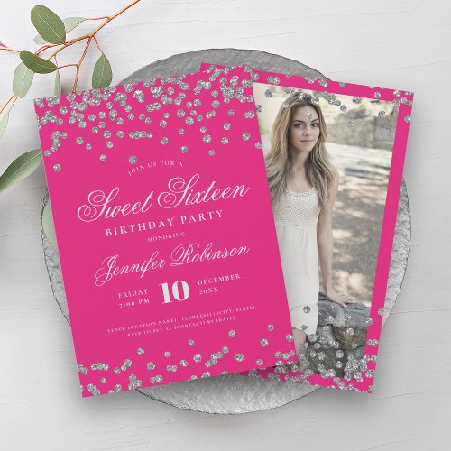 Elegant Silver Hot Pink Confetti Photo Sweet 16   Invitation