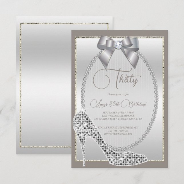Elegant Silver Jewel Bow & Stiletto Birthday Invitation (Front/Back)