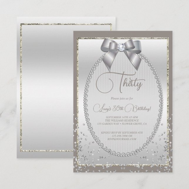 Elegant Silver Jeweled Bow & Confetti Birthday Invitation (Front/Back)