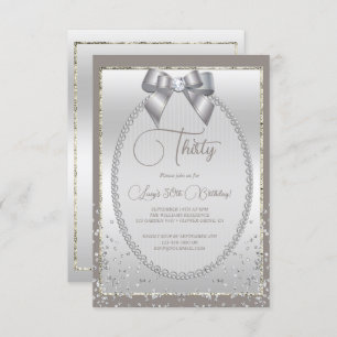 Elegant Silver Jeweled Bow & Confetti Birthday Invitation