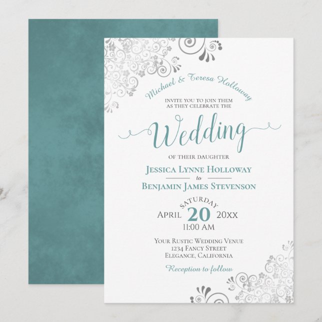 Elegant Silver Lace and Teal Formal White Wedding Invitation (Front/Back)