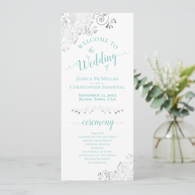 Elegant Silver Lace Aqua Teal on White Wedding Program (Standing Front)