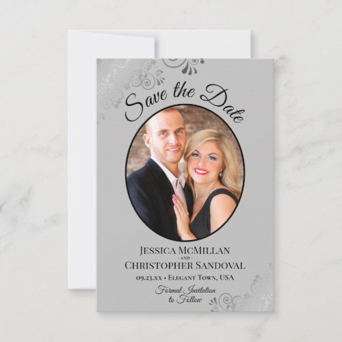 Elegant Silver Lace Black on Gray Wedding Photo Save The Date