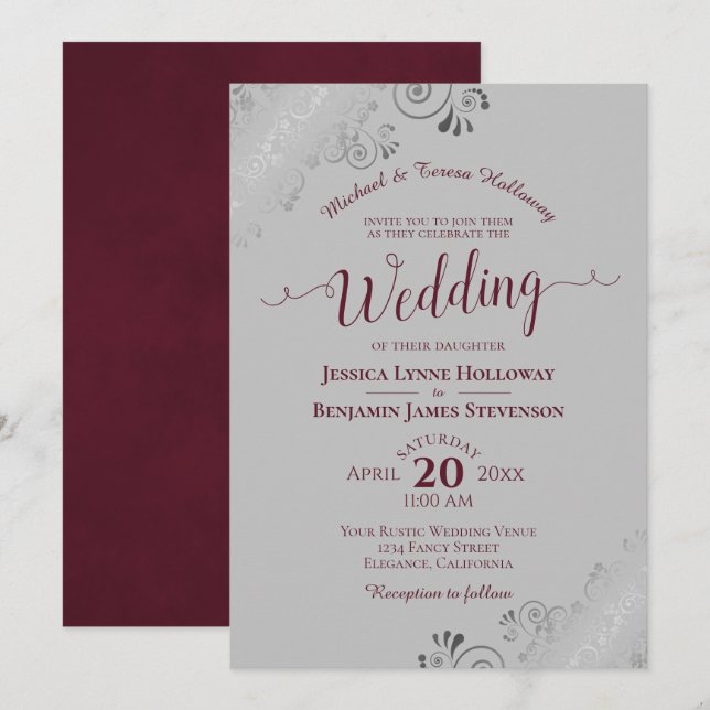 Elegant Silver Lace Burgundy & Gray Formal Wedding Invitation (Front/Back)