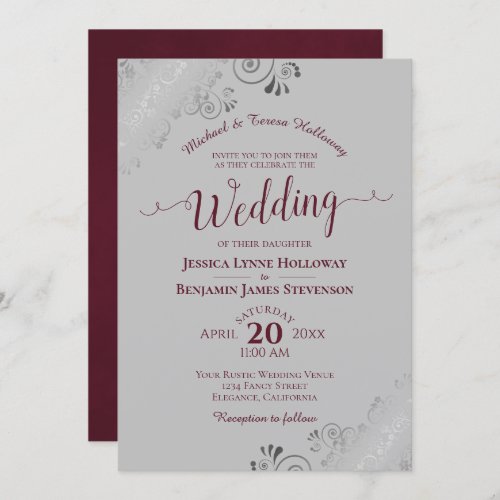 Elegant Silver Lace Burgundy  Gray Formal Wedding Invitation