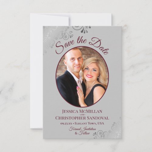 Elegant Silver Lace Burgundy on Gray Photo Wedding Save The Date