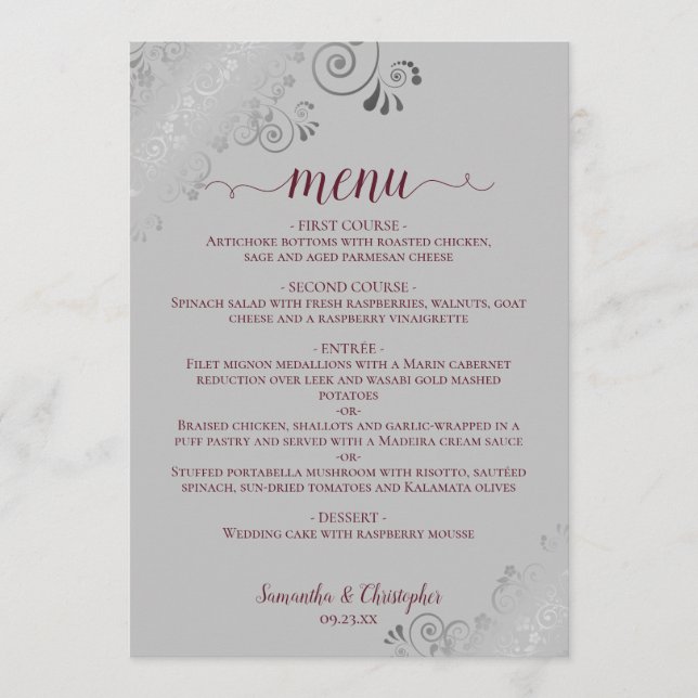 Elegant Silver Lace Burgundy on Gray Wedding Menu (Front)