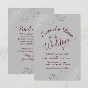 Elegant Silver Lace Burgundy on Gray Wedding Save The Date