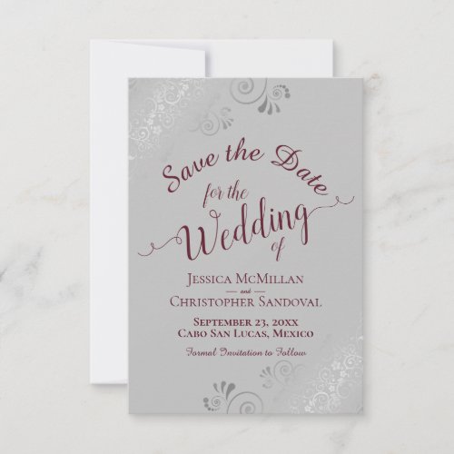 Elegant Silver Lace Burgundy on Gray Wedding Save The Date