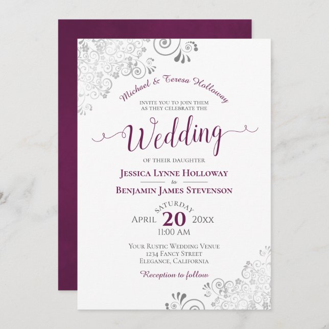 Elegant Silver Lace & Cassis Formal White Wedding Invitation (Front/Back)