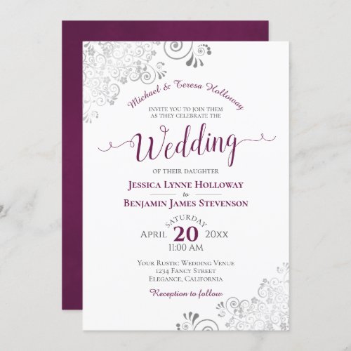 Elegant Silver Lace  Cassis Formal White Wedding Invitation