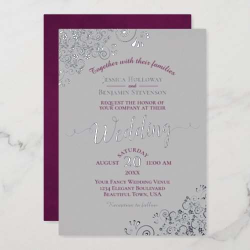 Elegant Silver Lace Cassis Purple on Gray Wedding Foil Invitation