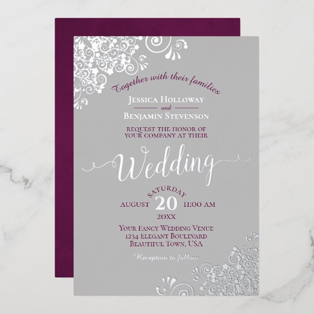 Elegant Silver Lace Cassis Purple on Gray Wedding Foil Invitation (Front/Back)