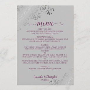 Elegant Silver Lace Cassis Purple on Gray Wedding Menu