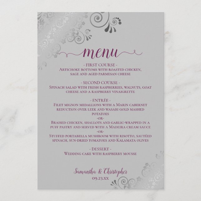 Elegant Silver Lace Cassis Purple on Gray Wedding Menu (Front)