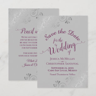 Elegant Silver Lace Cassis Purple on Gray Wedding Save The Date
