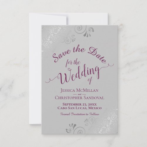Elegant Silver Lace Cassis Purple on Gray Wedding Save The Date
