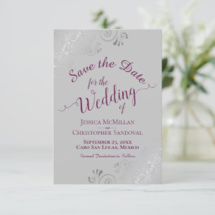 Elegant Silver Lace Cassis Purple on Gray Wedding Save The Date
