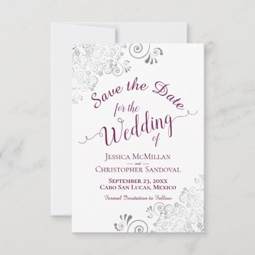 Elegant Silver Lace Cassis Purple on White Wedding Save The Date
