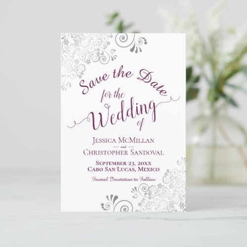Elegant Silver Lace Cassis Purple on White Wedding Save The Date