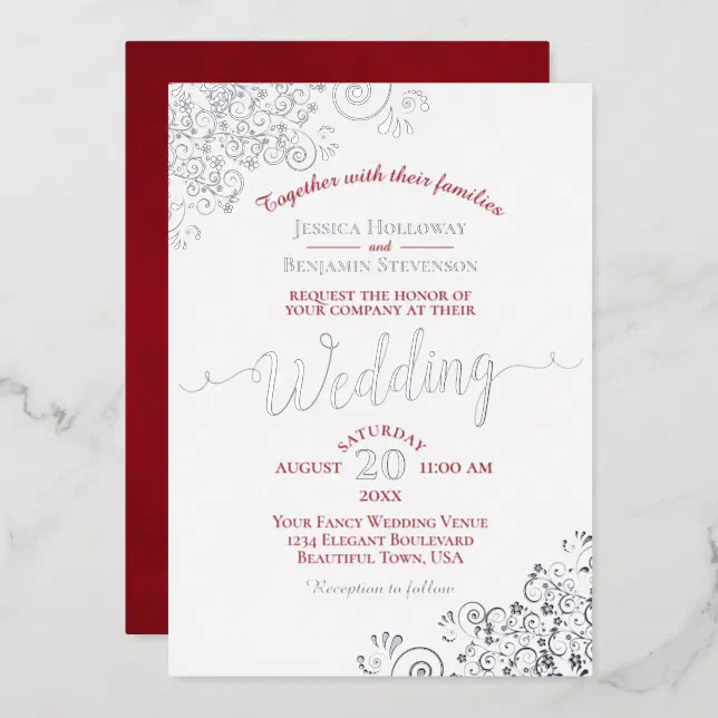 Elegant Silver Lace & Crimson Red on White Wedding Foil Invitation | Zazzle
