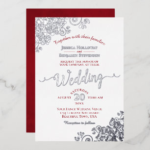 Elegant Silver Lace & Crimson Red on White Wedding Foil Invitation