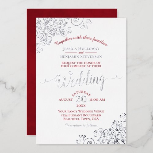 Elegant Silver Lace  Crimson Red on White Wedding Foil Invitation