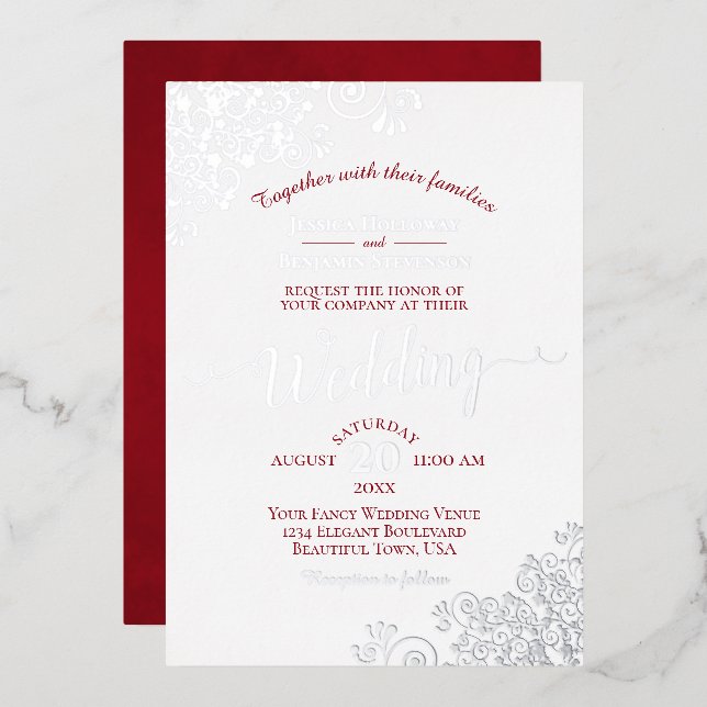 Elegant Silver Lace & Crimson Red on White Wedding Foil Invitation (Front/Back)
