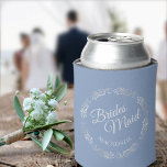 Elegant Silver Lace Dusty Blue Bridesmaid Wedding Can Cooler<br><div class="desc">These fun wedding can coolers feature an elegant dusty blue or periwinkle colored design with pale grey script text reading Bridesmaid and her name surrounded by lacy faux foil silver filigree or curls and swirls. Perfect way to thank her for being part of your bridal party.</div>