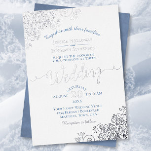 Elegant Silver Lace & Dusty Blue on White Wedding  Foil Invitation