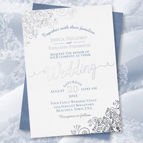 Elegant Silver Lace  Dusty Blue on White Wedding  Foil Invitation