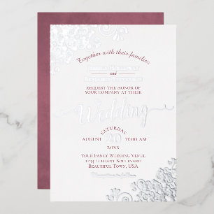 Elegant Silver Lace & Dusty Rose on White Wedding Foil Invitation
