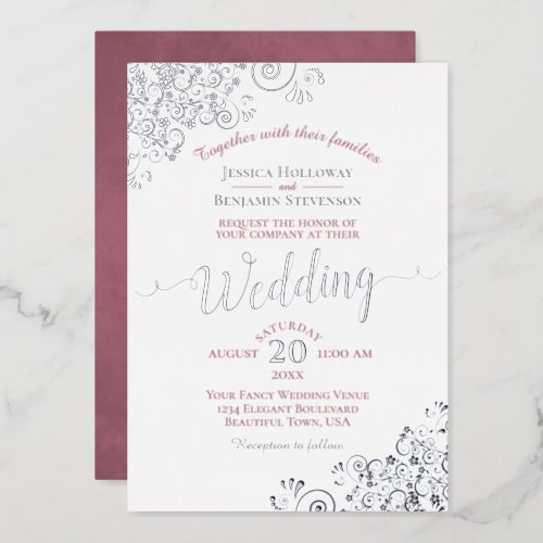 Elegant Silver Lace  Dusty Rose on White Wedding Foil Invitation