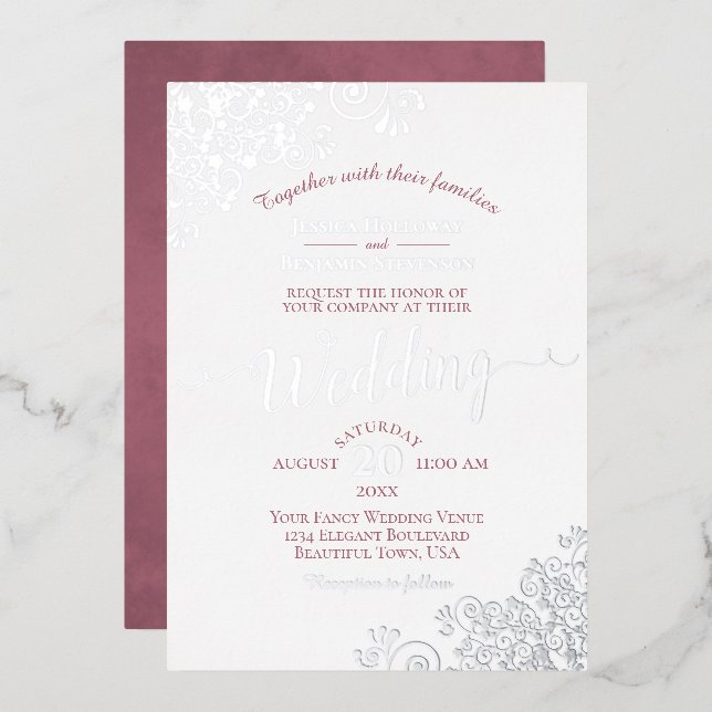 Elegant Silver Lace & Dusty Rose on White Wedding Foil Invitation (Front/Back)