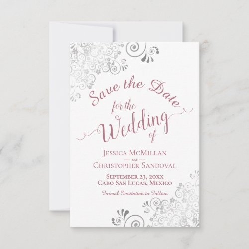 Elegant Silver Lace Dusty Rose on White Wedding Save The Date