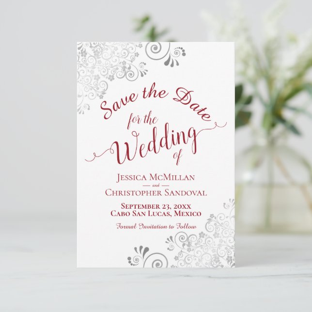 Elegant Silver Lace Filigree Red on White Wedding Save The Date (Standing Front)