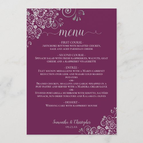 Elegant Silver Lace Frills Cassis Purple Wedding Menu