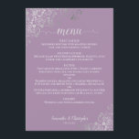Elegant Silver Lace Frills Lavender Purple Wedding Menu<br><div class="desc">This beautiful wedding menu is simple,  elegant,  sophisticated and stylish. It features an elegant lavender purple design with lacy gray script calligraphy and delicate silver grey curls and swirls in the corners. The back is a beautiful marbled gray color.</div>