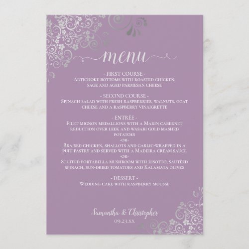 Elegant Silver Lace Frills Lavender Purple Wedding Menu
