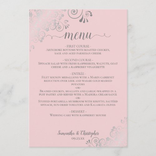 Elegant Silver Lace Frills on Blush Pink Wedding Menu