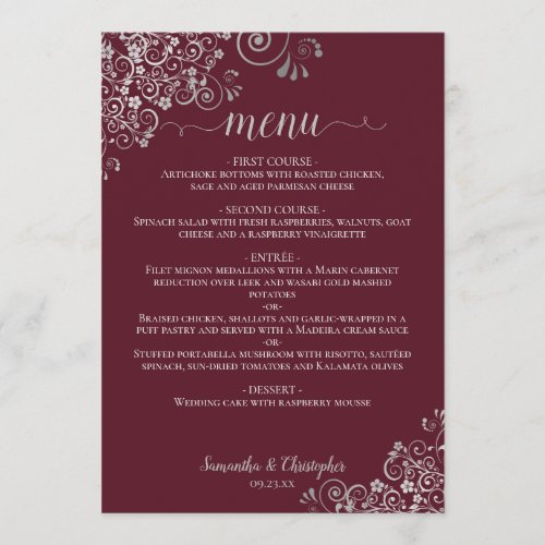 Elegant Silver Lace Frills on Burgundy Wedding Menu