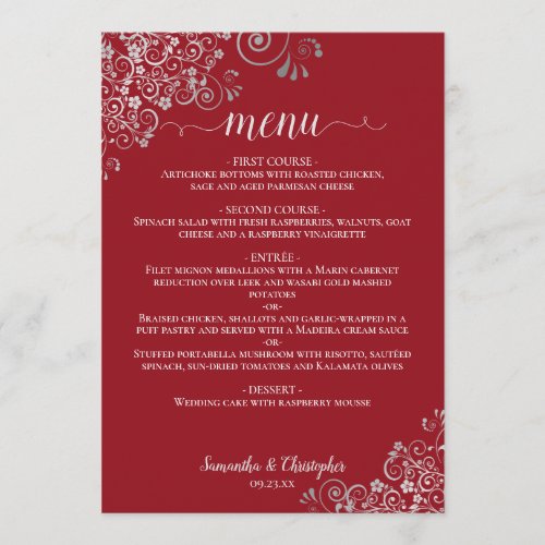 Elegant Silver Lace Frills on Crimson Red Wedding Menu