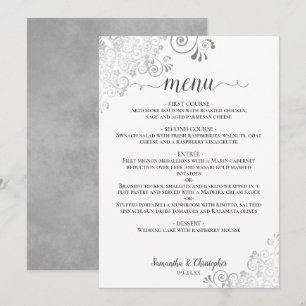 Elegant Silver Lace Frills on White Chic Wedding Menu