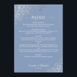 Elegant Silver Lace Frills Periwinkle Blue Wedding Menu<br><div class="desc">This beautiful wedding menu is simple,  elegant,  sophisticated and stylish. It features an elegant dusty blue or periwinkle design with lacy gray script calligraphy and delicate silver grey curls and swirls in the corners. The back is a beautiful marbled gray color.</div>