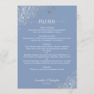 Elegant Silver Lace Frills Periwinkle Blue Wedding Menu